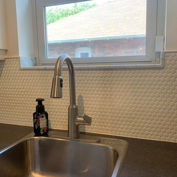 Plank tile Flooring and Penny tile Backsplash