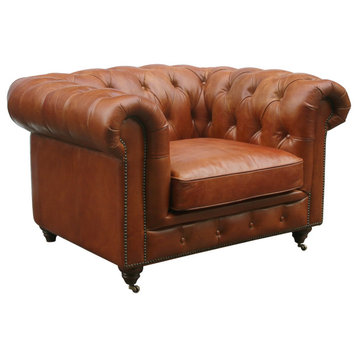 Pasargad Home Chester Bay Contemporary Leather Tufted Chair in Brown/Bronze