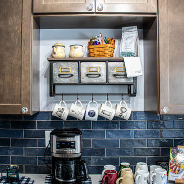 Two Tone Kitchen: Navy and Wood Kitchen with Carrara Wind Quartz Countertops