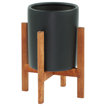 Small Ceramic Pot Cylinder Pot 6"Black With Wood Plant Stand Walnut Color