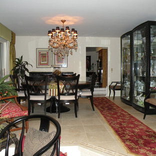 ボイシの中サイズのモダンスタイルのLDKの画像 (白い壁、磁器タイルの床、暖炉なし)