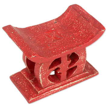 NOVICA Adrinka In Red And Wood Mini Decorative Stool
