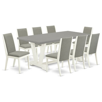 East West Furniture V-Style 9-piece Wood Dining Set in White/Shitake/Cement