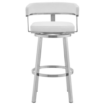 Cohen Swivel Bar Stool, Faux Leather, Brushed Stainless Steel and White, 30"