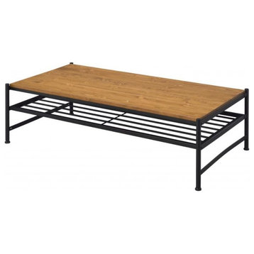 Contemporary Coffee Table, Hardwood Top With Metal Open Compartment, Oak/Black