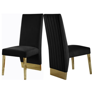 The Cairo Dining Chair, Set of 2, Black Velvet, Gold Legs