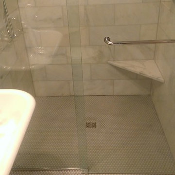 BATHROOM - Calcutta Gold Marble Shower / Gray Penny Tile Floor