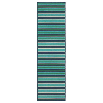 Madelina Stripe Blue and Green Indoor or Outdoor Area Rug, 2'3"x7'6"