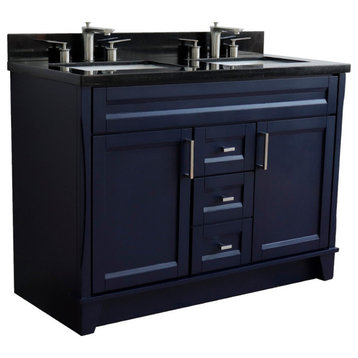 48" Double Sink Vanity, Blue Finish With Black Galaxy Granite