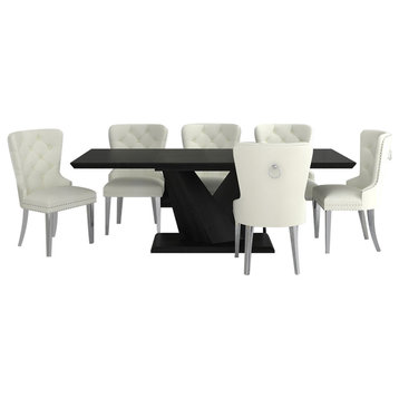 7-Piece Dining Set, Black Table With Ivory Chair