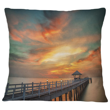 Wooden Bridge under Wonderful Sky Pier Seascape Throw Pillow, 16"x16"