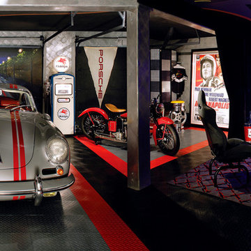 Ultimate garage with mural of European Audubon & silver metallic ventian plaster