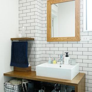 75 Beautiful Subway Tile Powder Room With A Freestanding Vanity Pictures Ideas August 21 Houzz