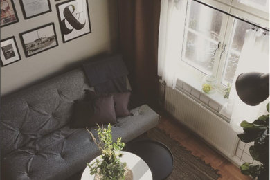 ストックホルムにある小さな北欧スタイルのおしゃれなロフトリビング (グレーの壁、無垢フローリング、壁掛け型テレビ) の写真
