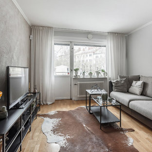 Inspiration för ett mellanstort eklektiskt allrum, med grå väggar, en fristående TV och ljust trägolv