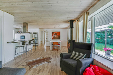 Ejemplo de sala de estar abierta campestre grande sin televisor con paredes blancas, suelo de madera en tonos medios y suelo multicolor