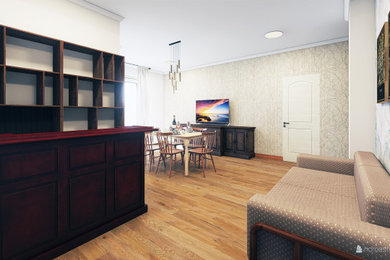 ナポリにある低価格の小さなトラディショナルスタイルのおしゃれなホームバー (I型、濃色木目調キャビネット、木材カウンター、磁器タイルの床、茶色い床、茶色いキッチンカウンター) の写真