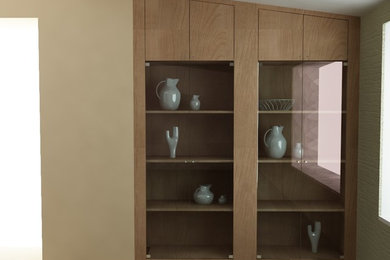Immagine di un piccolo armadio o armadio a muro unisex minimal con ante di vetro, ante in legno chiaro, pavimento con piastrelle in ceramica e pavimento beige