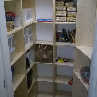Foto di una piccola cabina armadio unisex industriale con nessun'anta, ante in legno chiaro, pavimento in legno massello medio e pavimento beige