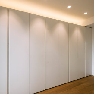 Ejemplo de armario unisex, contemporáneo, grande, con armarios con paneles lisos, puertas de armario blancas y suelo de madera oscura