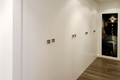 Imagen de armario unisex tradicional renovado de tamaño medio con armarios con paneles lisos, puertas de armario blancas y suelo de madera en tonos medios