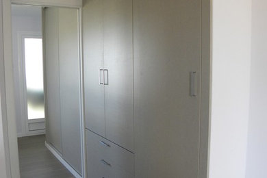 Ejemplo de armario unisex clásico renovado de tamaño medio con armarios con paneles lisos y suelo de madera en tonos medios