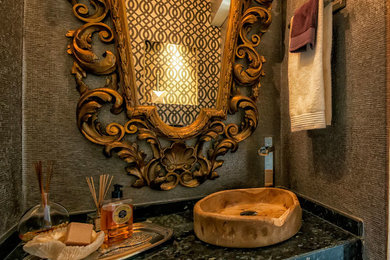 マドリードにあるお手頃価格の中くらいなミッドセンチュリースタイルのおしゃれなトイレ・洗面所 (オープンシェルフ、ベッセル式洗面器) の写真