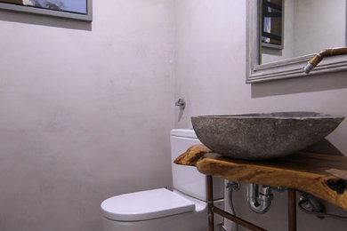 Foto de aseo contemporáneo de tamaño medio con armarios abiertos, puertas de armario de madera oscura, sanitario de dos piezas y lavabo sobreencimera