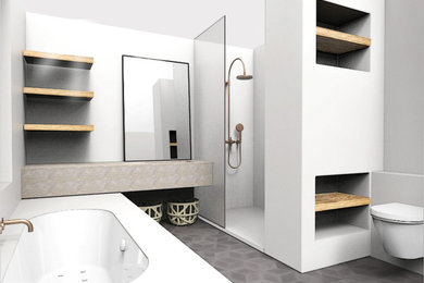 Diseño de cuarto de baño principal moderno pequeño con suelo de azulejos de cemento