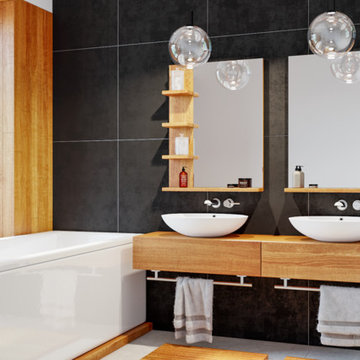 Badezimmer Möbel aus Holz als Blickfang im dunklen Bad
