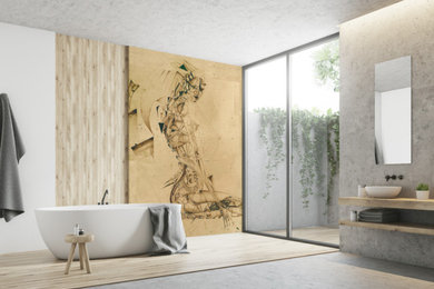 Großes Modernes Duschbad mit offenen Schränken, hellen Holzschränken, freistehender Badewanne, weißer Wandfarbe, hellem Holzboden, Aufsatzwaschbecken, Waschtisch aus Holz und beigem Boden in Stuttgart