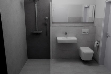 Kleines Modernes Duschbad mit Wandwaschbecken, bodengleicher Dusche, Wandtoilette, grauen Fliesen, Keramikfliesen, grauer Wandfarbe und Keramikboden in Dresden