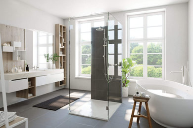 Geräumiges Modernes Badezimmer En Suite mit weißen Schränken, weißer Wandfarbe und grauem Boden in Sonstige