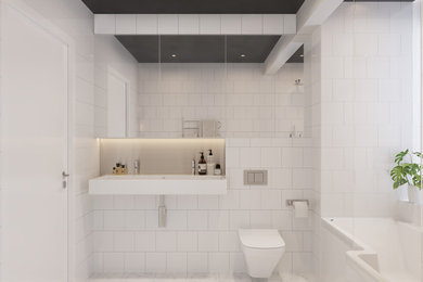 ストックホルムにあるコンテンポラリースタイルのおしゃれなバスルーム (浴槽なし) (シャワー付き浴槽	、横長型シンク) の写真
