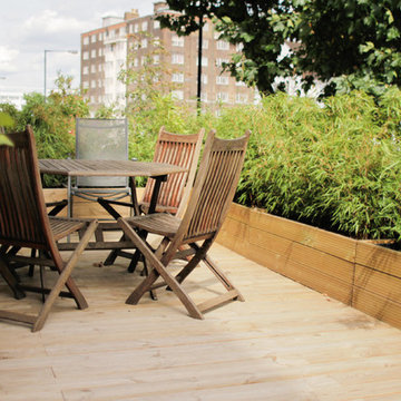 Decking, planters and planting for London terrace showing plant growth in 5 mont