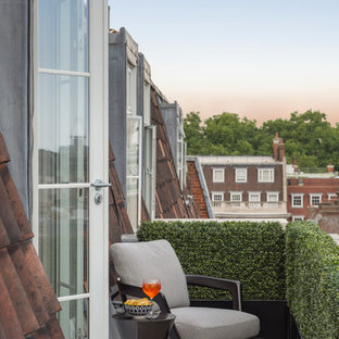 Inspiration for a small contemporary balcony in London with a potted garden and no cover.