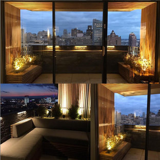 Balcony container garden - small contemporary wood railing balcony container garden idea in New York with a pergola