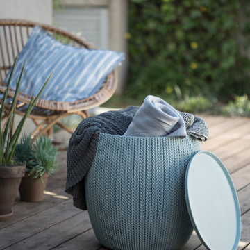 Urban Knit Pouf Accent Table by Keter, Blue & Taupe