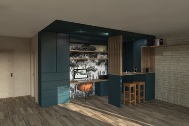 Exemple d'un bar de salon moderne de taille moyenne avec des tabourets, des portes de placard bleues, un plan de travail en bois et un plan de travail marron.