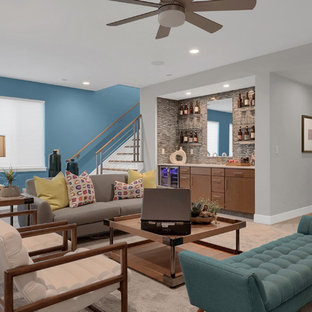Diseño de sótano con ventanas contemporáneo, grande, con moqueta, suelo beige y paredes azules