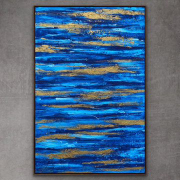 60x48 Inches Blue Gold Abstract Contemporary Painting Large Canvas Wall Art