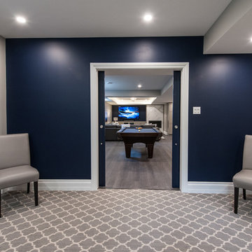 A basement with a hue of blue and sparkle