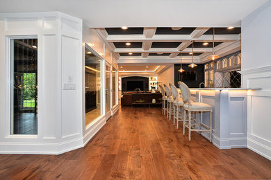 Example of a large classic dark wood floor and brown floor basement design in Other with white walls and no fireplace