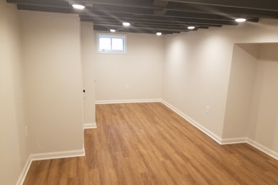 Inspiration for a medium sized traditional look-out basement in DC Metro with grey walls, medium hardwood flooring, no fireplace and brown floors.