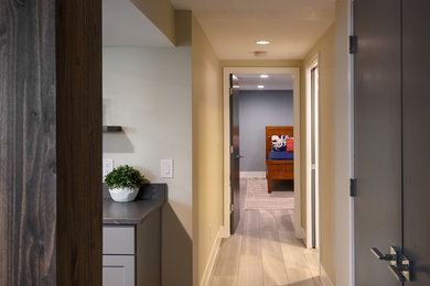 Example of a mid-sized minimalist walk-out vinyl floor and gray floor basement design in St Louis with green walls