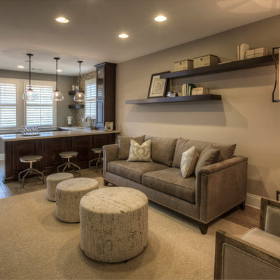 Basement - contemporary look-out basement idea in Atlanta with beige walls