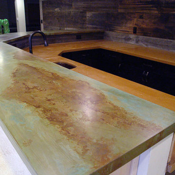 Basement bar with acid stain concrete countertops