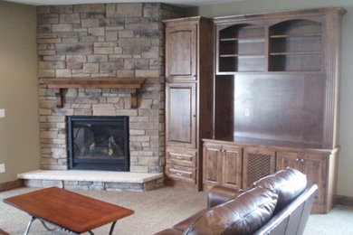 Design ideas for a medium sized classic look-out basement in Minneapolis with beige walls, carpet, a standard fireplace and a stone fireplace surround.
