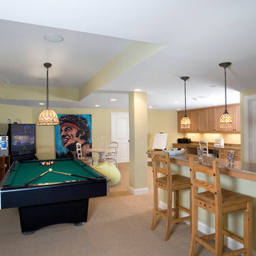 Basement Family Room with Maple Cabinetry and Wet Bar