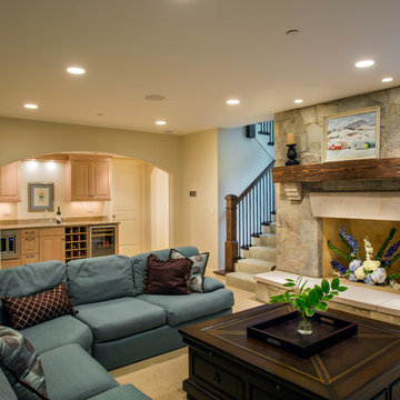 Basement Family Room with Stone Fireplace and Wet Bar